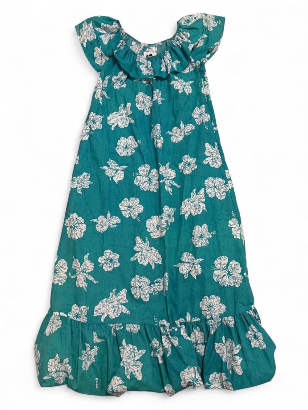Vintage Hilo Hattie Teal Muumuu w/ White Floral Print, Size Small